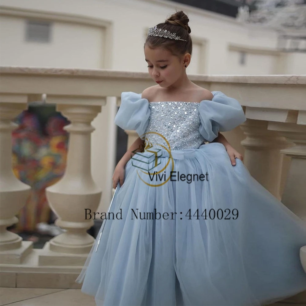 Modern Off Shoulder Flower Girls Dresses for Kids 2024 Soft Tulle Floor Length Christmas Gowns with Sequined فلور فتاة اللباس