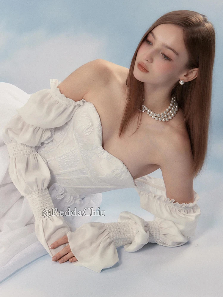 Reddachic conjunto de vestido de duas peças destacável vestido de trilha espartilho manga puff rendas até sem costas bodycon casamento noite roupas femininas