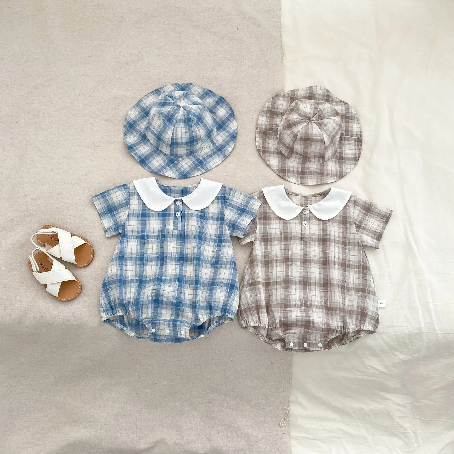 2025 Summer New Baby Girl Cotton Plaid Bodysuit + Hat 2pcs Set Newborn Toddler Short Sleeve Jumpsuit Girl Navy Collar Clothes