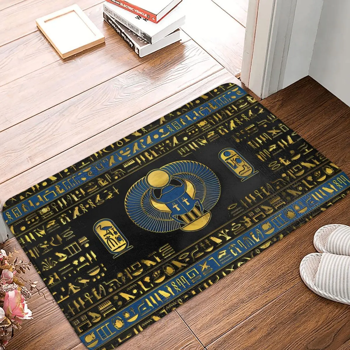 Golden Egyptian Scarab Ornament On Leather Ancient Egypt Digital Art Anti-Slip Rug Doormat Bath Mat Floor Carpet Home Decor