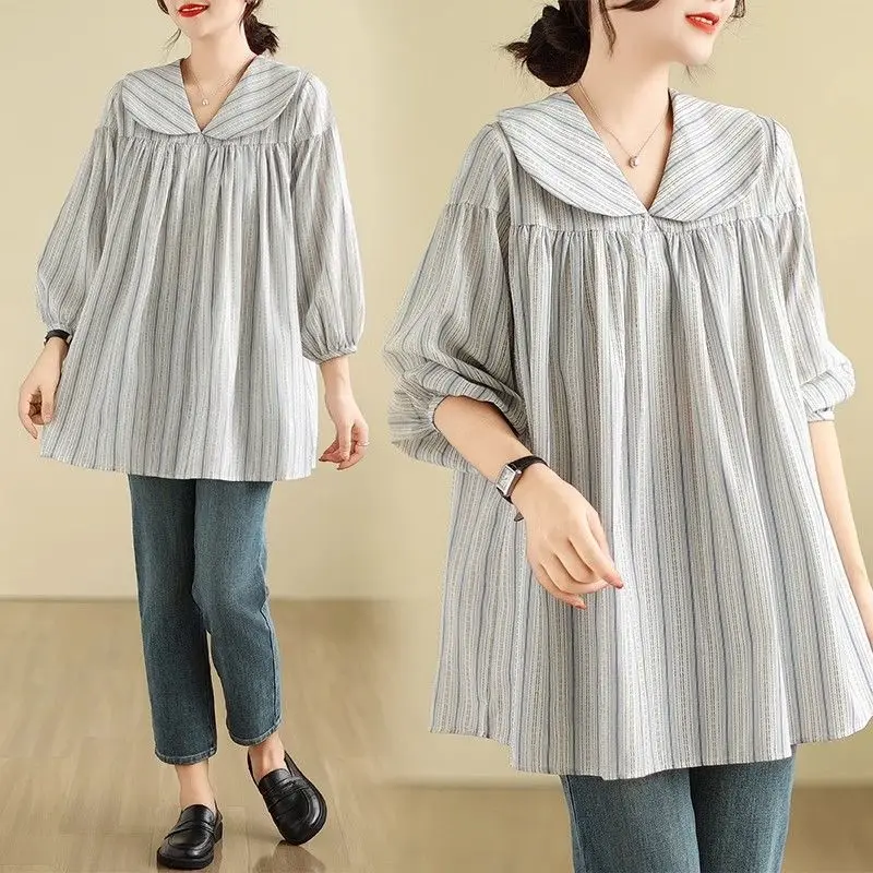 Large Size Doll Neck Stripe Loose 3/4 Sleeve Medium Length Shirt for Women\'s Early Spring Summer New Casual Slimming Trendy Top