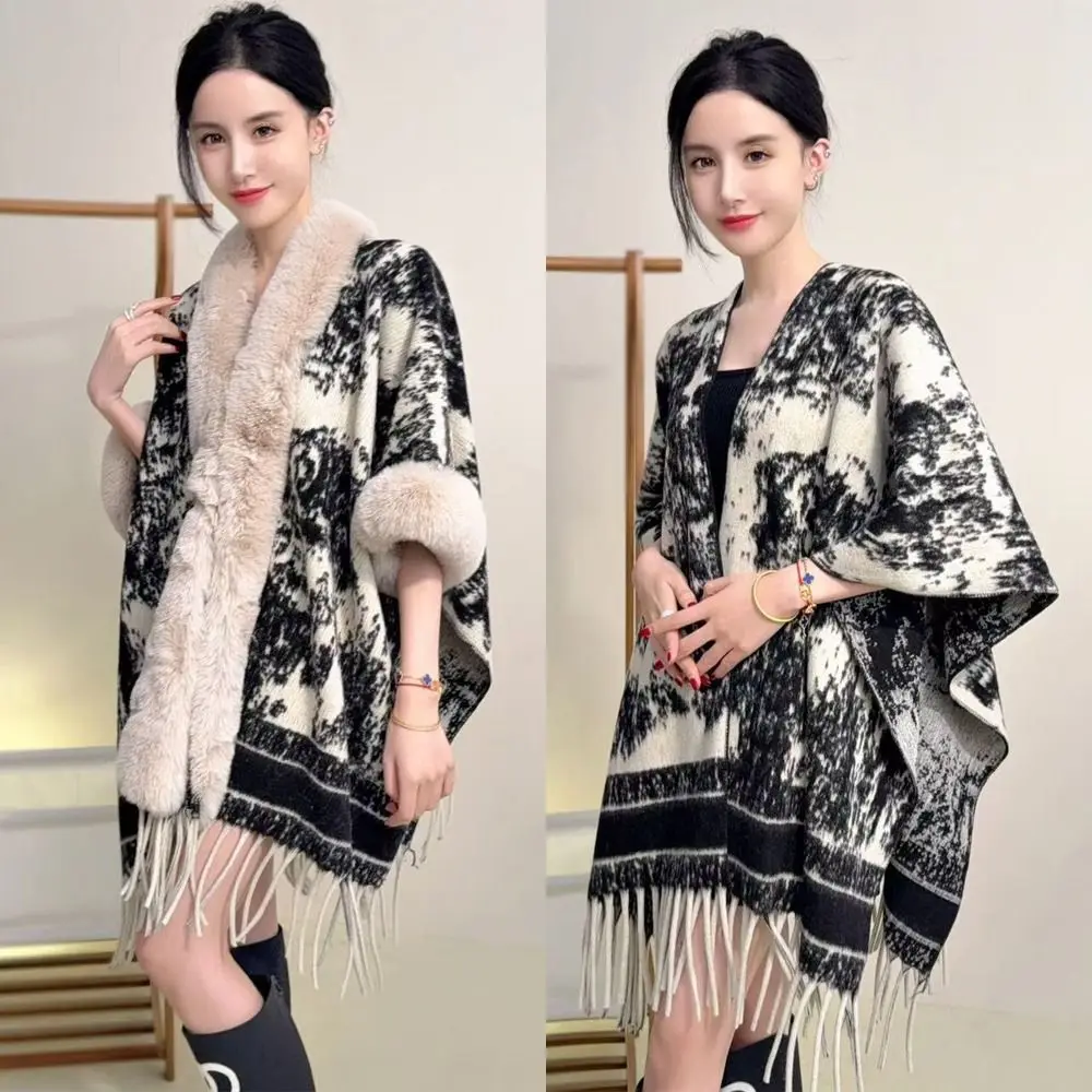 

Trendy Winter Warm Plush Shawl Thicken High-end Faux Fur Collar Shawl Versatile Cardigan Cape Women Fashion