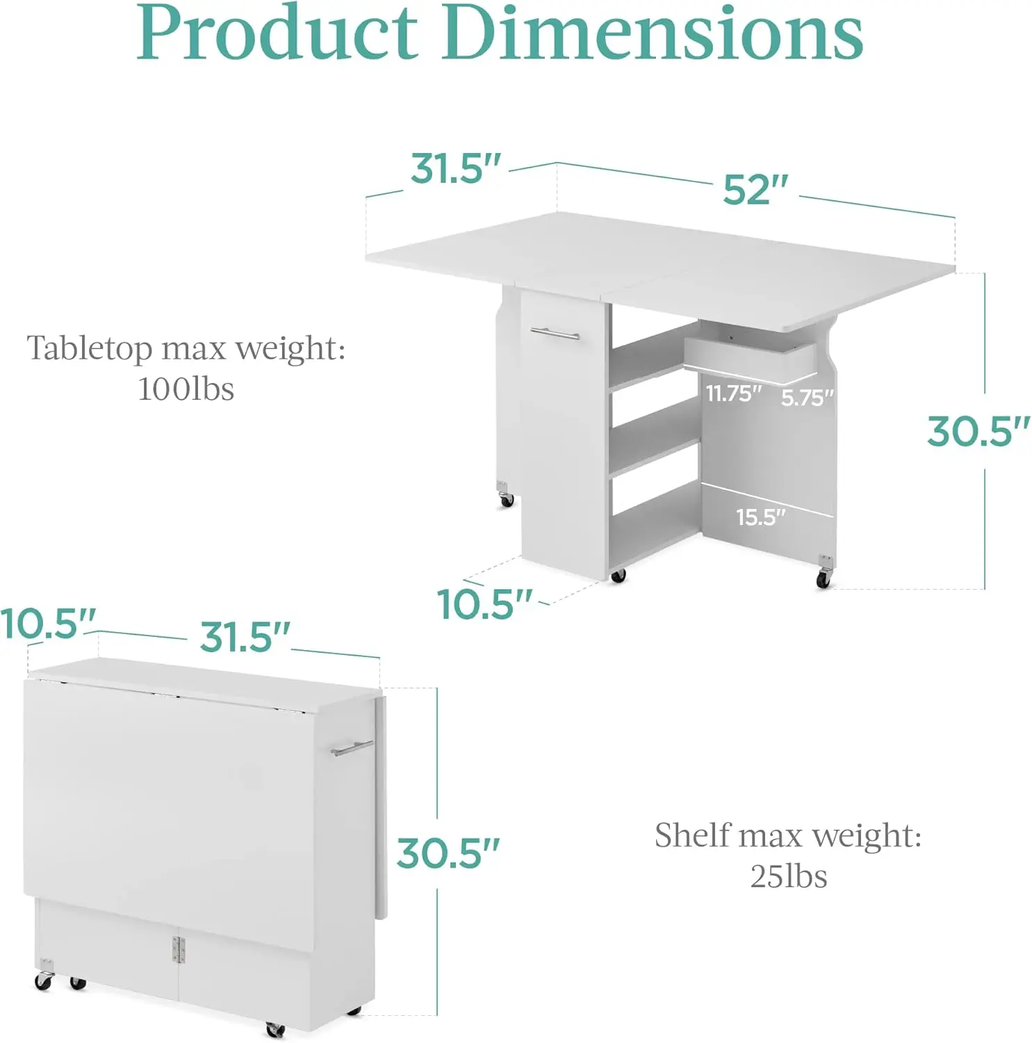 Mesa de comedor plegable multiusos, ahorro de espacio, escritorio de extensión de hojas colgantes con ruedas, 3 estantes de almacenamiento, blanco