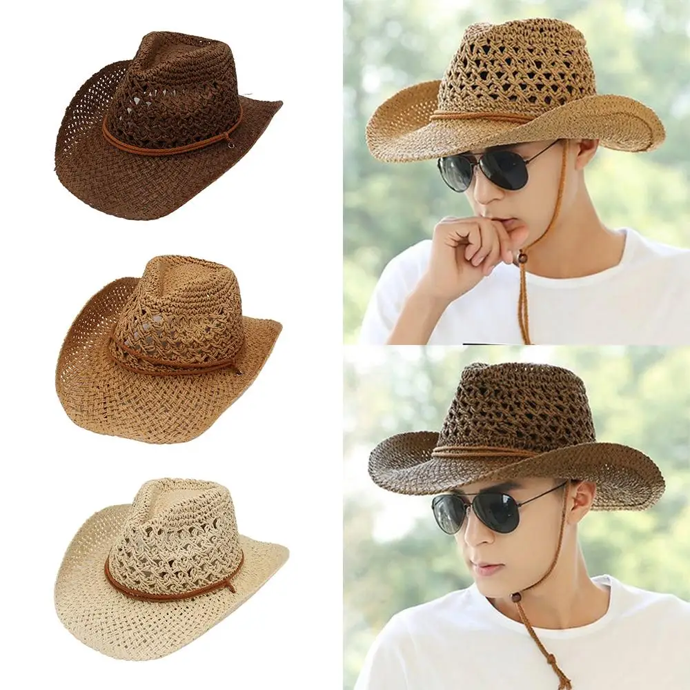 

Fashion with Adjustable Chin Strap Western Cowgirl Hat Wide Brim Foldable Straw Cowboy Hat Vacation Beach Sun Hat for Women Men