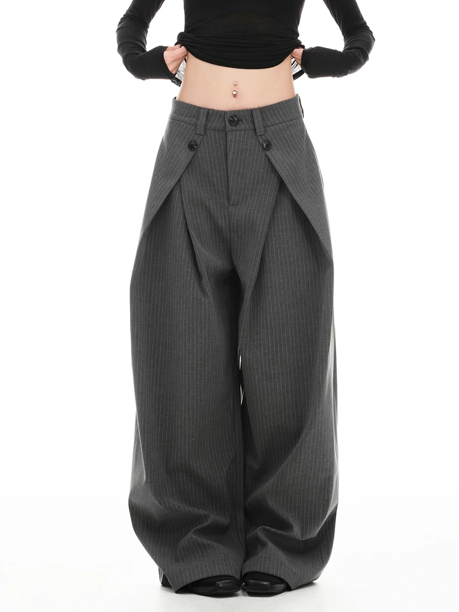 REDDACHiC Calças femininas listradas de pernas largas com bolsos para trabalho casual solto Cleanfit calças de terno plissadas escritório unissex bottoms