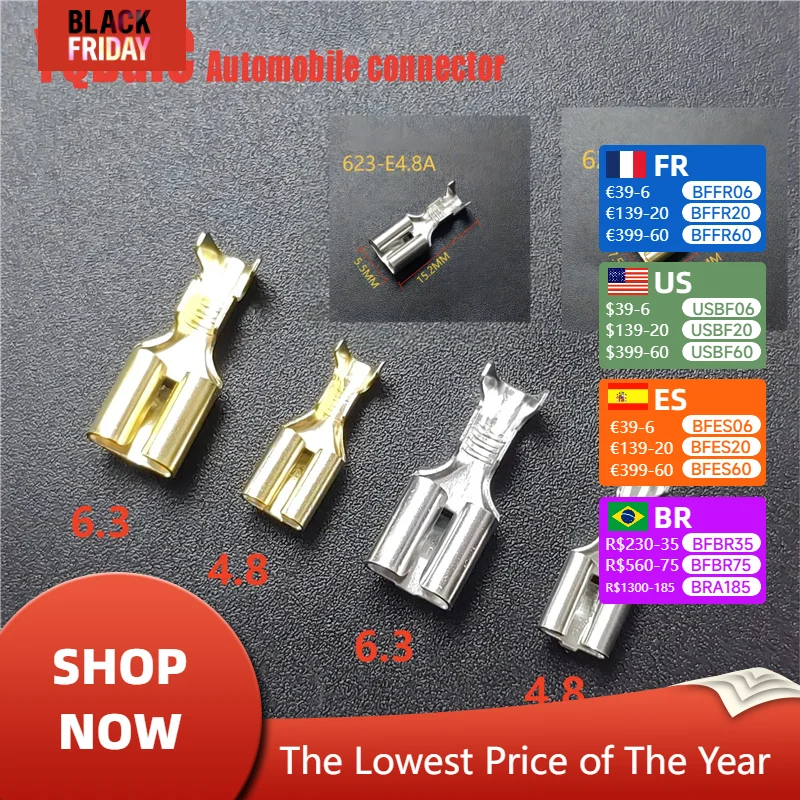 Brass gold plated tin 4.8/6.3MM female shovel cripper terminal Brass wire connector for automotive relays DJ623-E6.3A DJ623-E4.8