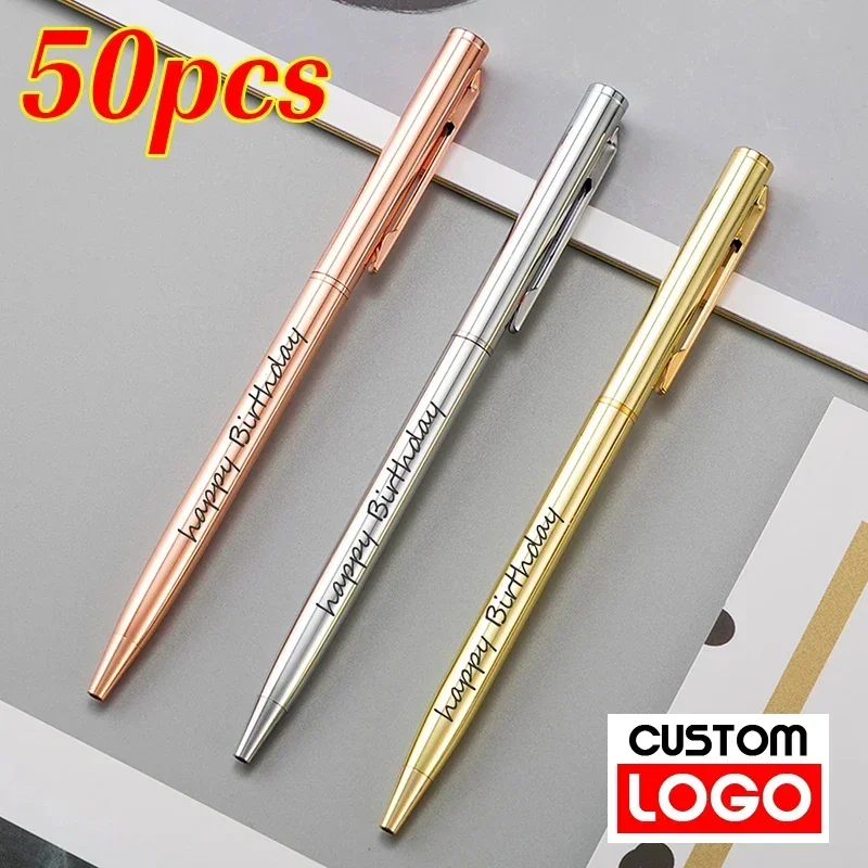 50 Pcs Metal Ballpoint Pen Rose Gold Pen Custom Logo School Office Supplies Stationery Business Gift Lettering Engraved Name