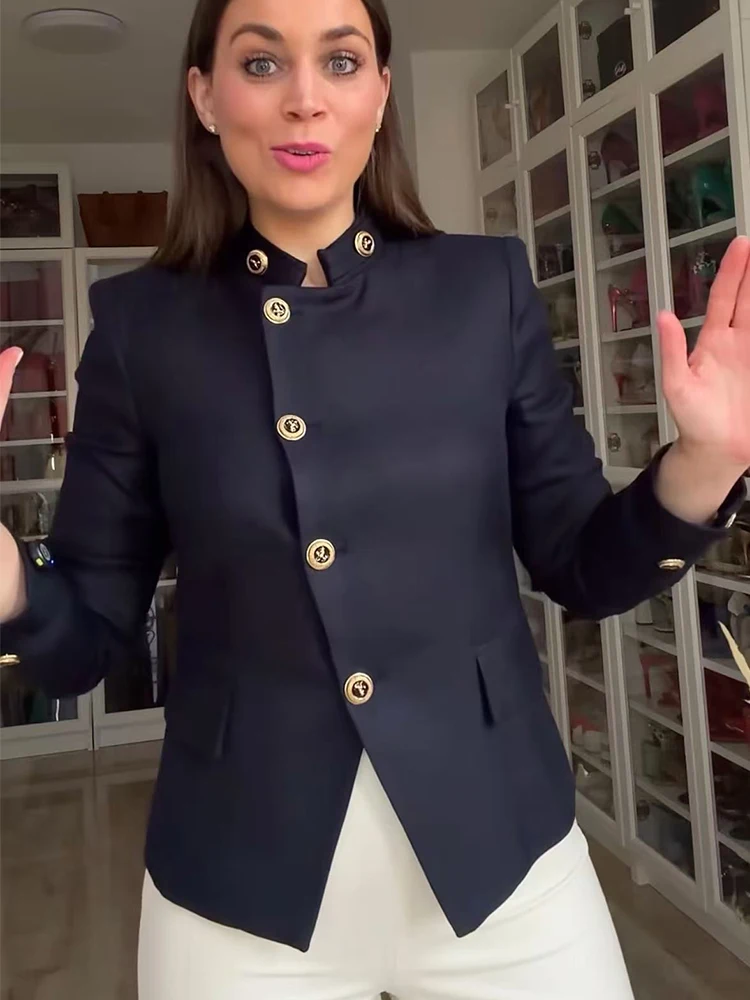 TFMLN Women Elegant Versatile Short Jacket Slim Stand Collar Casual Chic Button High Street Blazer Spring Top Female Solid Coat