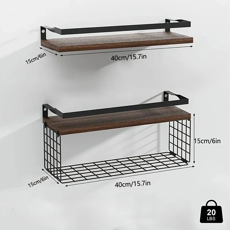 Imagem -03 - Montagem na Parede Rack Flutuante de Dupla Camada com Cesta de Armazenamento Cremalheira do Banheiro de Madeira Metal Home Rust Proof Pack