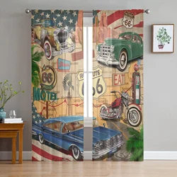 Retro Car Route 66 Poster Sheer Curtains Living Room Window Tulle Curtains For Bedroom Kitchen Home Decoration Voile Drapes