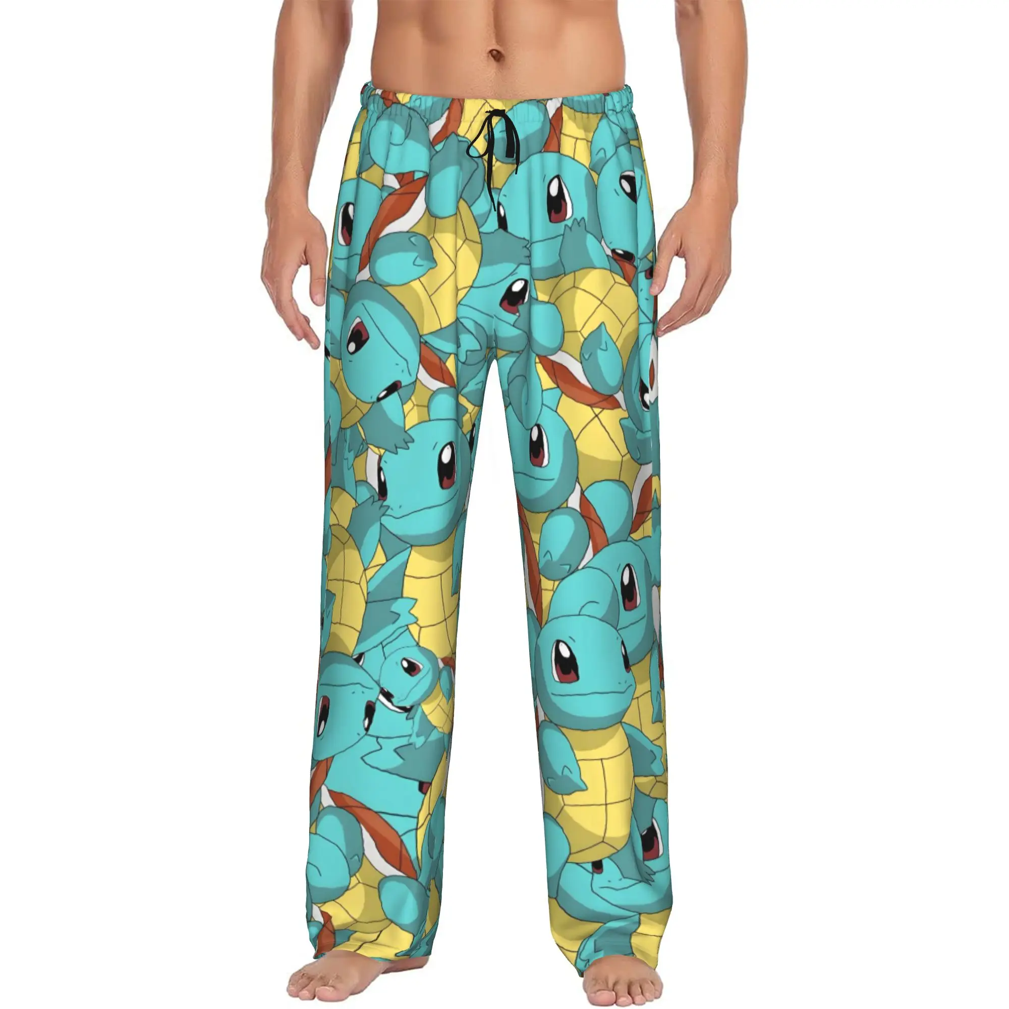 Custom S-Squirtled Turtle Cartoon Pajama Pants for Men Video Games Lounge Sleep Drawstring Sleepwear Bottoms with Pockets