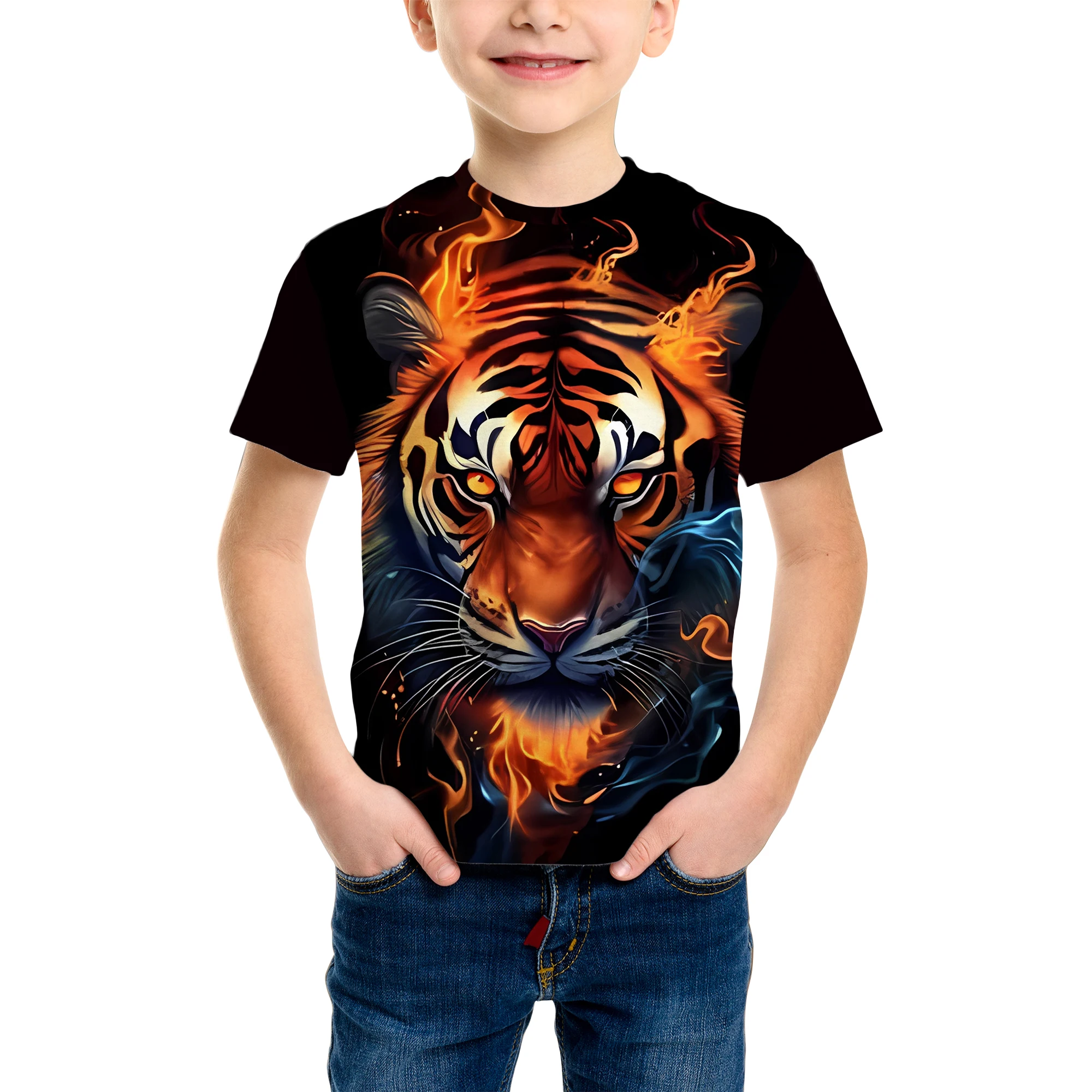 3D Tiger Pattern Printing Fashion T-Shirt Tiger Element Printing Summer New Boy Personalized Cool Tops Kids Funny T Shirt