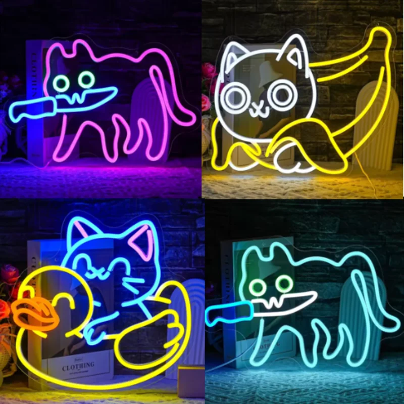 

LED With A Knife Sneaky Cat Neon Sign Knife Neon Light Adorable LED Neon Sign Cat Cafe Cat House Store Restaurant Home Kitchen