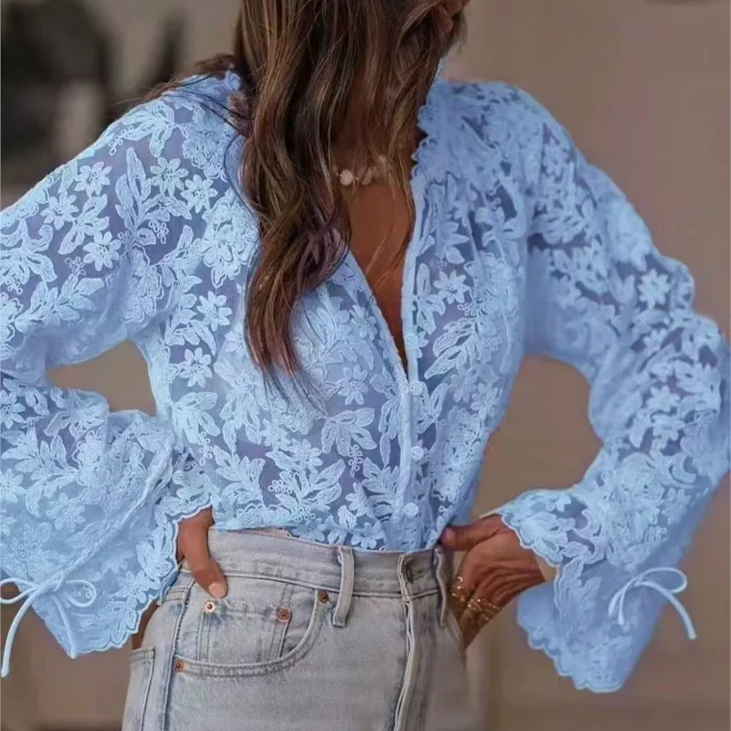 Sexy Hollow Lace Shirt Women Loose V-neck Single Breasted Lace Up Lantern Sleeve Shirt Spring Summer Fashion New Solid Shirt Top