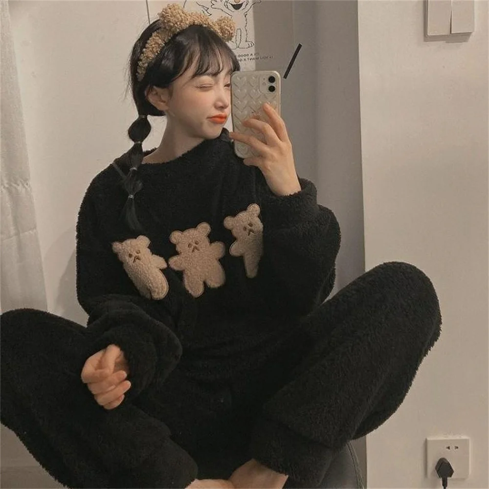 Autumn And Winter Pajamas Cartoon Pajamas Set Women\'S Pajamas Flannel Pajamas Thickened Loose Large Size Suit Home Clothes