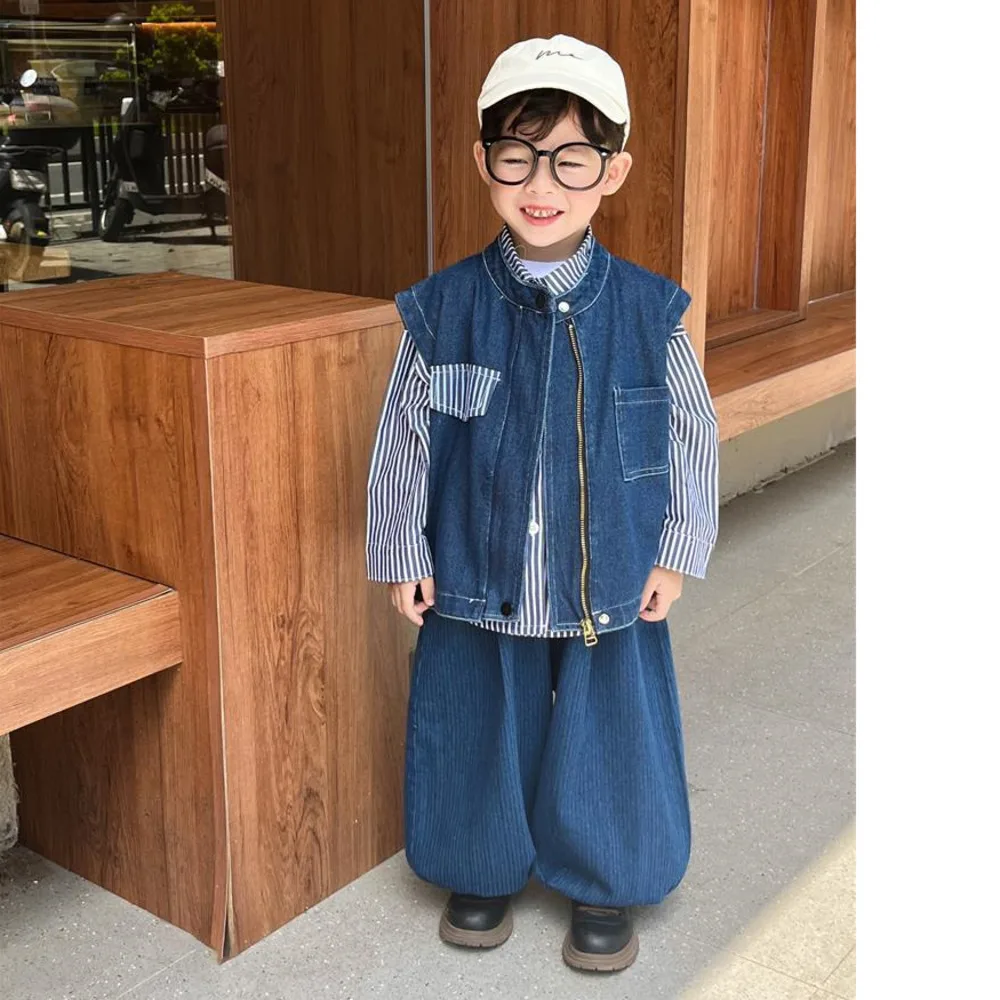 

Boys' Sets Denim Vest Shirt Harem Pant Three-piece Suits Stand Up Collar Zipper Cardigan Jacket Jeans Fashion Children's Sets