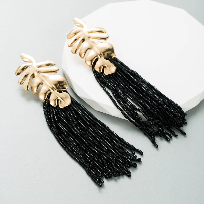 Statement Long Fuchsia Beads Tassel Gold Leaf Drop Earrings for Women