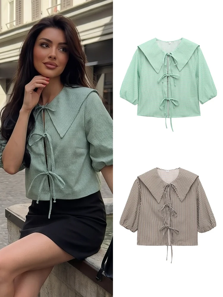 

HH Women Vintage Plaid Shirt Navy Collar Front Bow Tie Shirt Short Elegant Puff Sleeve Beach Vacation Tops Summer Streetwear
