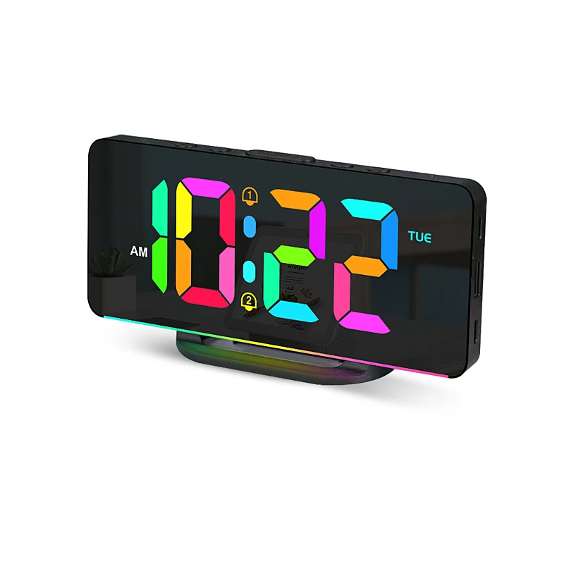 Digital Alarm Clock Desk/Wall Dimmable Electronic Clock with RGB Atmosphere Night Light  Rainbow Time USB Charger Week Display