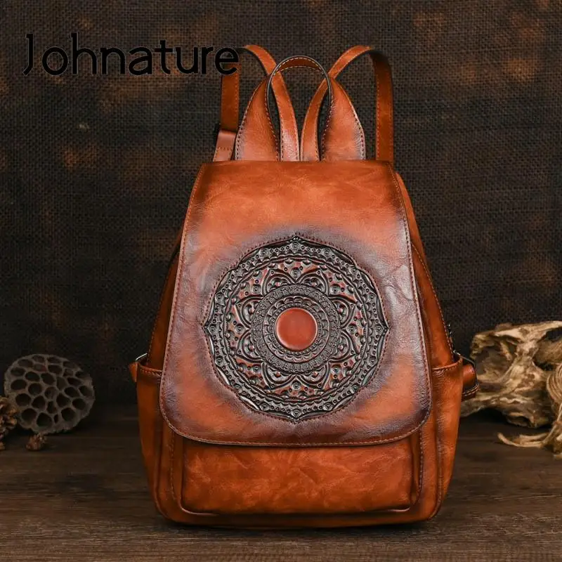 Johnature Vintage Backpack 2024 New Versatile Totem Embossed Women Leather Bag Solid Color Large Capacity Travel Backpacks