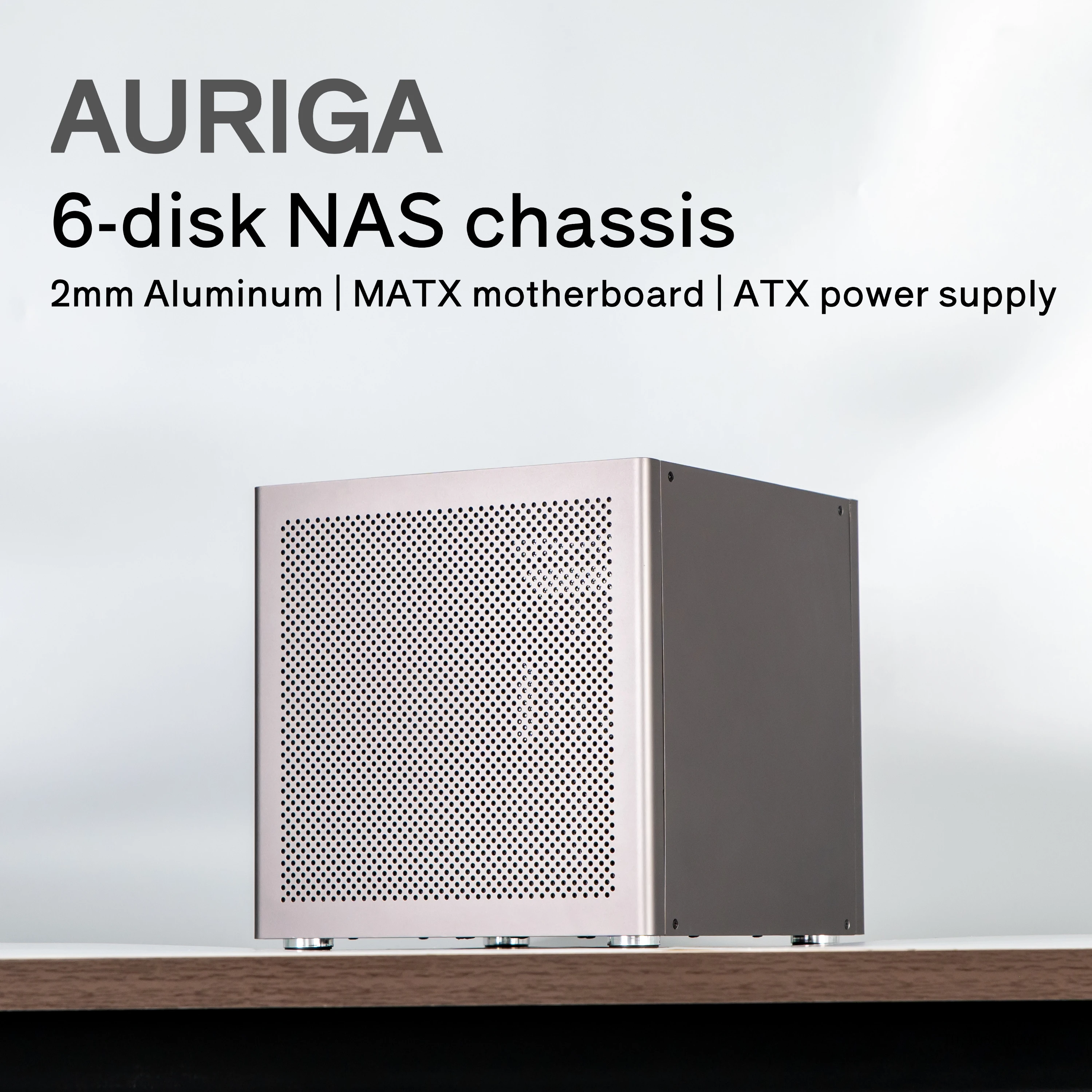 

Auriga 6-bay NAS Case Chassis 2mm Anodized Aluminum MATX Motherboard ATX Power Supply Feiniu Black Synology UNRAID