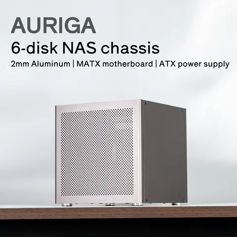 Auriga 6-bay NAS Case Chassis 2mm Anodized Aluminum MATX Motherboard ATX Power Supply Feiniu Black Synology UNRAID