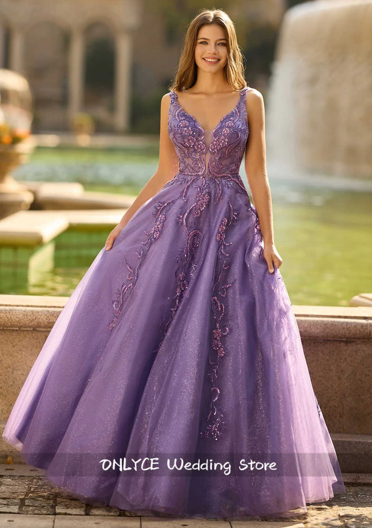 

Polished Sheath V-Neck Appliques Lace Sweep Train Purple Prom Dress Sequins Beading Wedding Party Evening Gown Customized