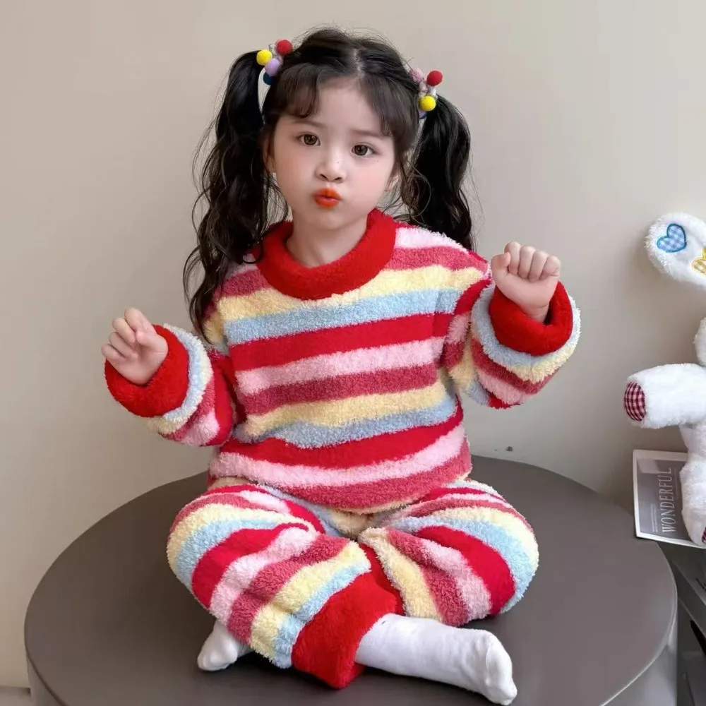 

Colorful Girls' Home Clothes Flannel Pajamas Children's Autumn and Winter Thick Round Neck Long Sleeved Top+Pants Two-piece Set