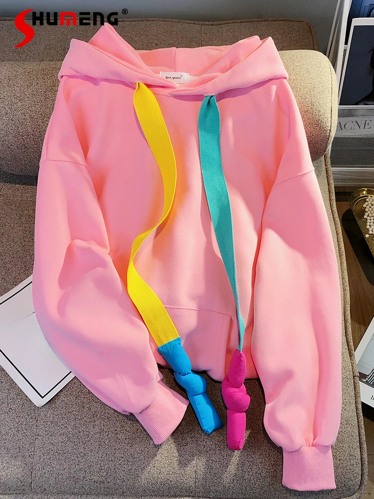 

Women's 2024 Spring Autumn New Color Ribbon Hooded Feminine Long Sleeve Thin Loose Cotton Hoodies Mid-Length Trendy Pullover Top