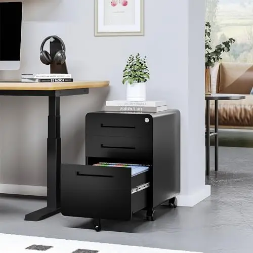 3 Drawer Filing Cabinet, Metal Filing Cabinet Legal/Letter Size with Lock, Mobile Storage Cabinet for Home and Office