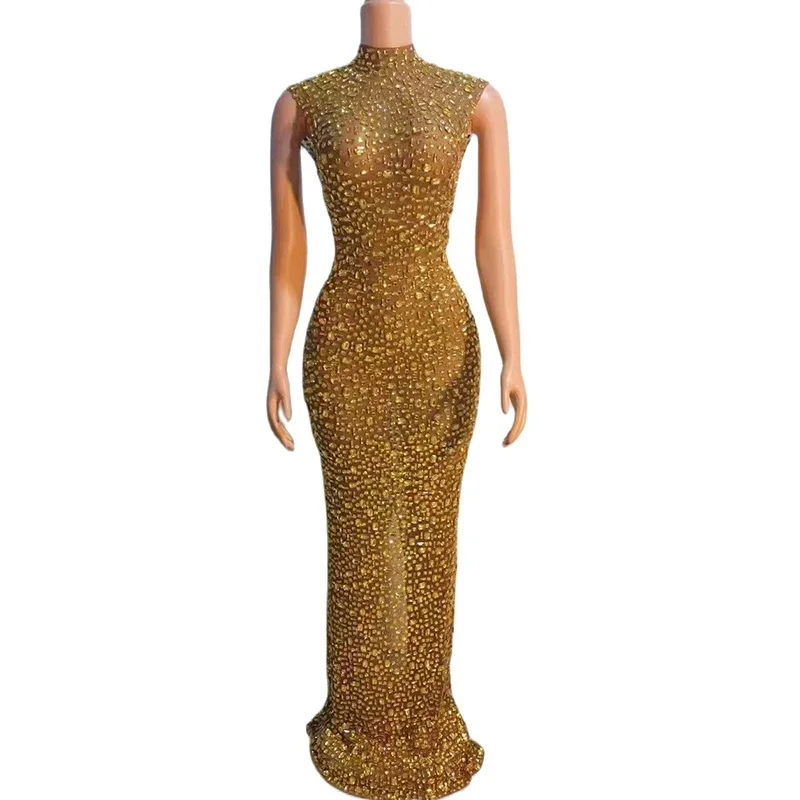 Sexy vestido longo brilhante das mulheres com strass cheio, malha, ver através, comemorar o baile de formatura, vestido de aniversário, show de cantor, desgaste do palco