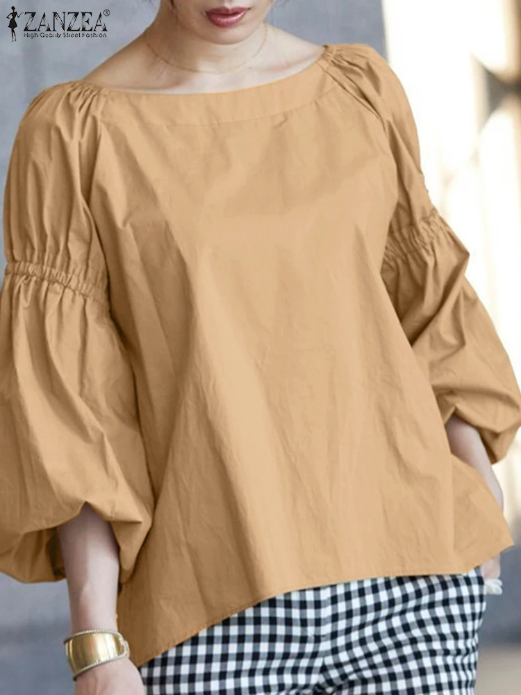 

ZANZEA, элегантная рабочая блузка с рукавами-фонариками 3/4, женские осенние топы, модные рубашки, 2025 г., повседневные свободные блузки с круглым вырезом