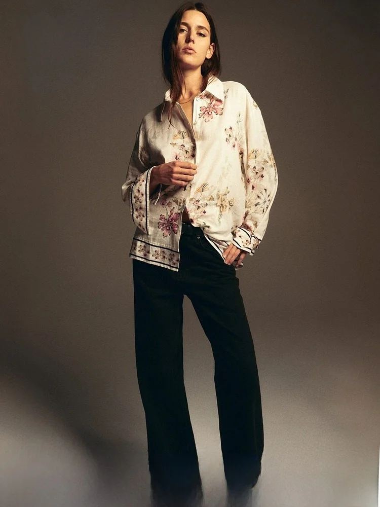 

H&M Summer New Women's Linen Blend Shirt Casual Loose Fit Long Sleeve Printed Collar Button up Blend of Linen And Viscose