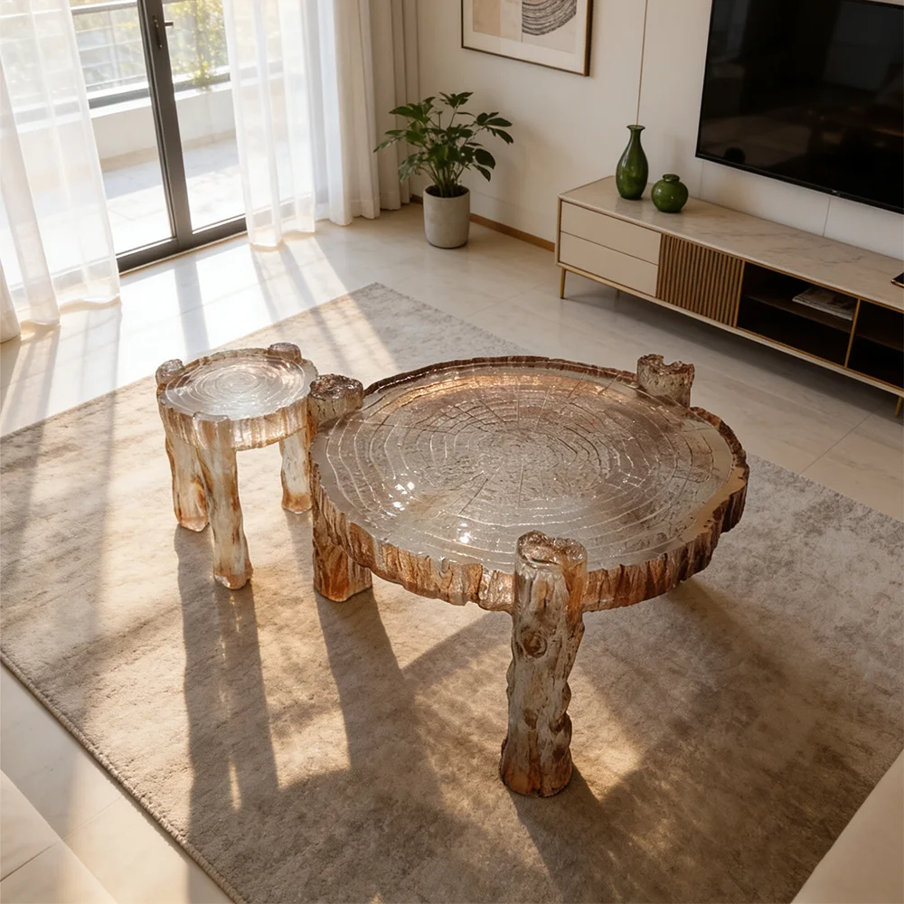 

mnModern Luxury Clear Resin Coffee Table Set Round Transparent Wood Grain Side End Desk for Living Room Nordic Furniture*