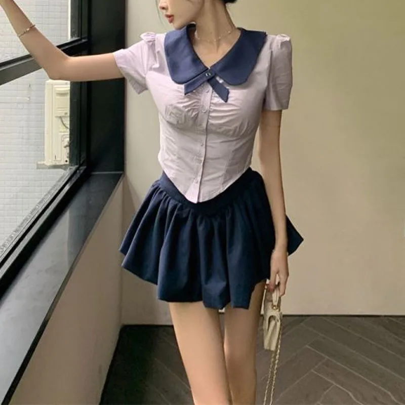 

Summer New Women's Contrast Color Peter Pan Collar Bow Fashion Sweet Irregular Shirt Preppy Style Short Sleeve Slim Blouse