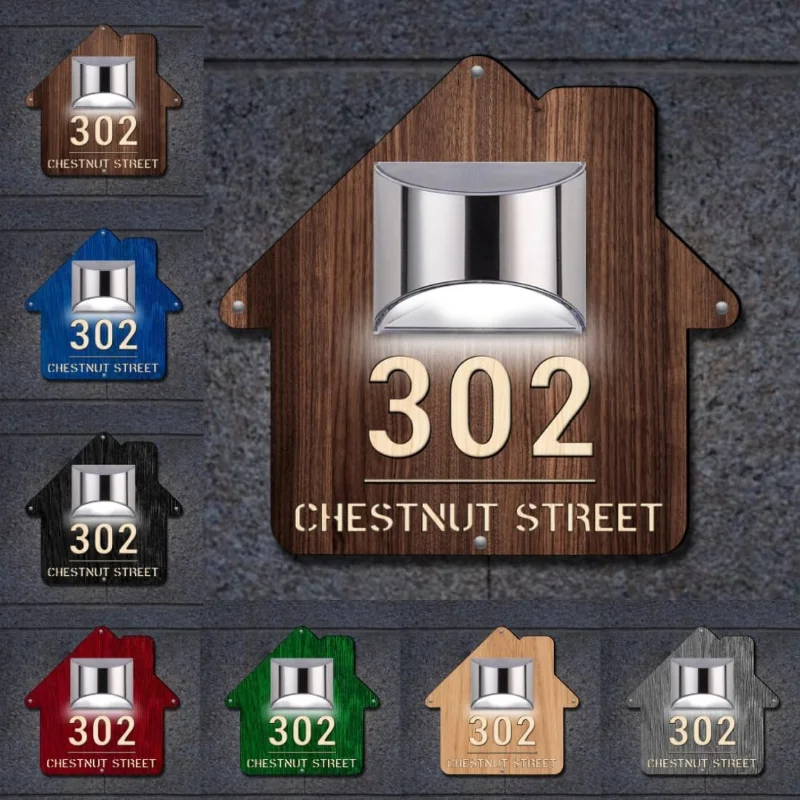 Address Home Office - Personalized Solar Light Wooden House Sign