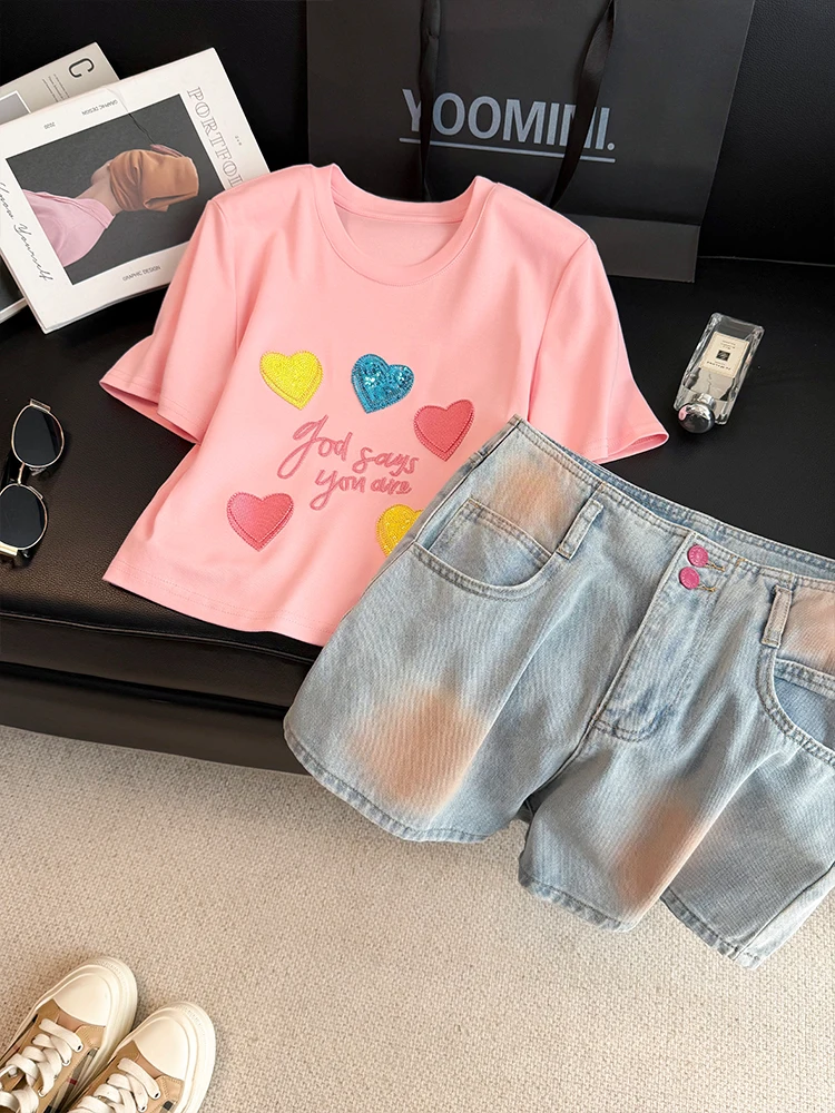 

Pink Short Sleeve T-Shirt And Denim Shorts Two-Piece Set for Women Summer Fashion Anti-Aging Cute Small Size Clothing Set