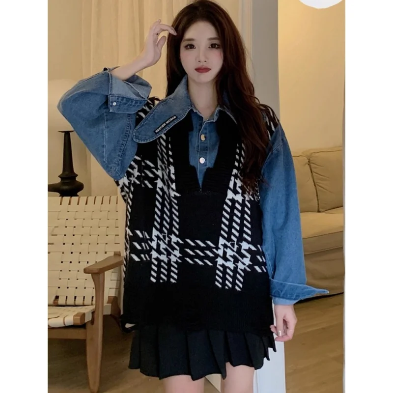 

Мужская джинсовая рубашка-куртка больших размеров (до 300 фунтов) с эффектом двухслойности и пэчворком, новая модель ранней осени, в американском ретро-стиле, с воротником, молодежная повседневная одежда