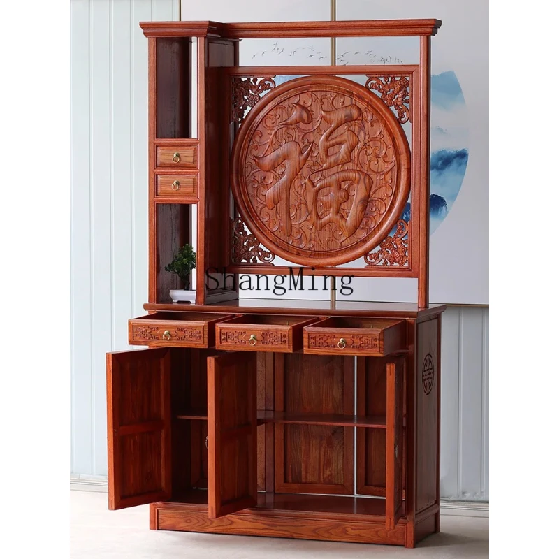 

SM Chinese-style solid wood screen porch partition living room shoe cabinet double-sided carved Fu character foyer decoration