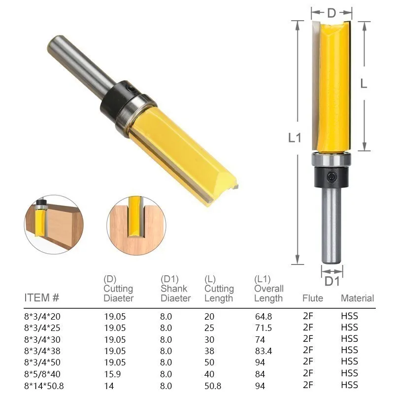 8mm Shank Flush Trim Router Bit Pattern Bit Template Wood Milling Cutter Straight Mill with Bearing Carpenter Tool