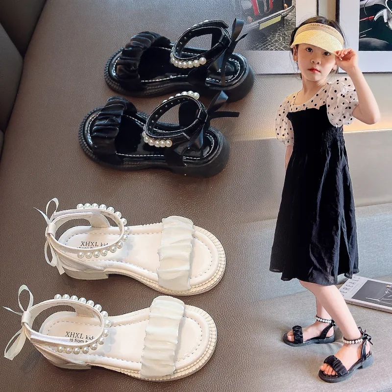 Sandali per ragazze bambini estate nuovi bambini moda morbida principessa pizzo perle versatili bellissime scarpe eleganti per il matrimonio della