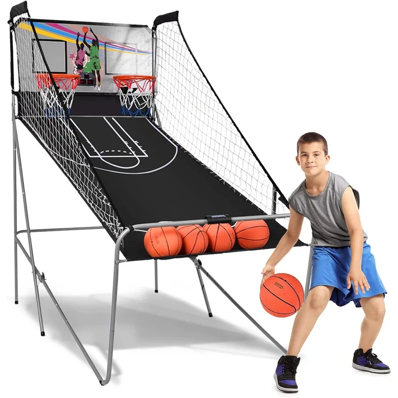 

Goplus Foldable Dual Shot Basketball Arcade Game, Basketball Hoop Game w/Electronic Scoring, 8 Game Modes, 4 Balls