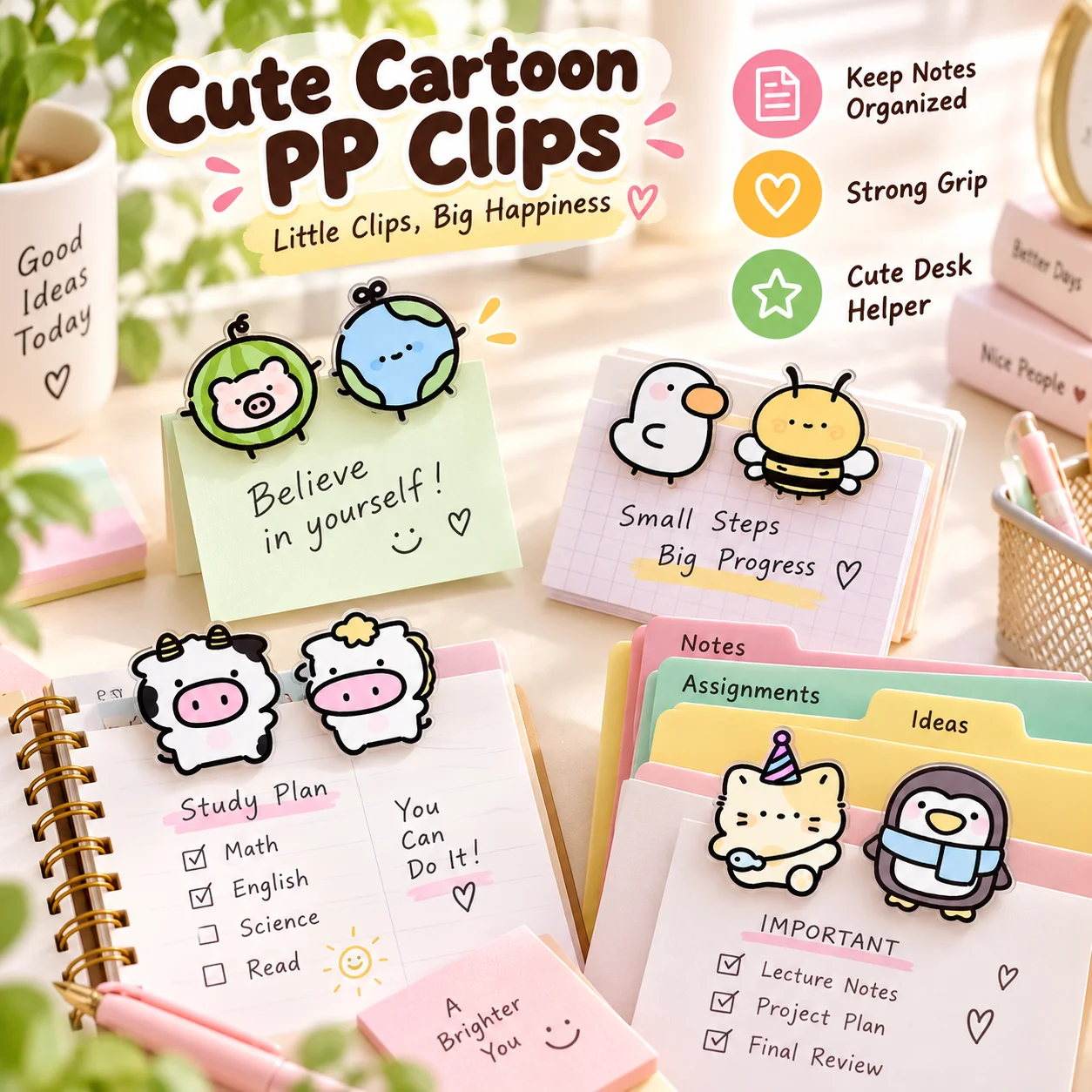 Cartoon Animal PP Clips, Cute Multifunctional Clips, Student Note and Paper Holder for Girls