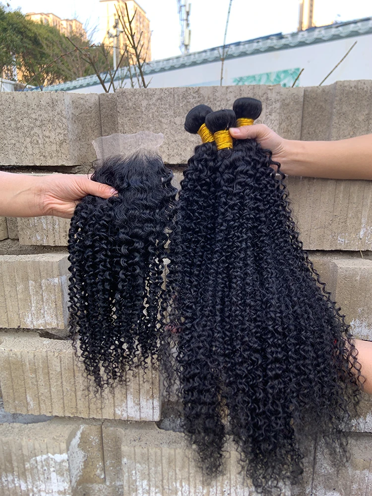 

Human Hair Bundles with Closure Kinky Curly 14 16 18+12 Inch 4x4 Lace Closure Real Unprocessed Brazilian Virgin Hair Extensions 3 Bundles with Free Part Closure Human Hair Natural Black