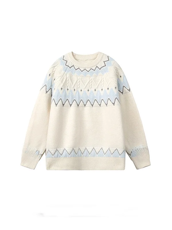 American Retro White Fair Isle Knit Sweater Casual Loose Fit Polyester Fiber Long Sleeve round Neck Warm Leisure Pullover for...