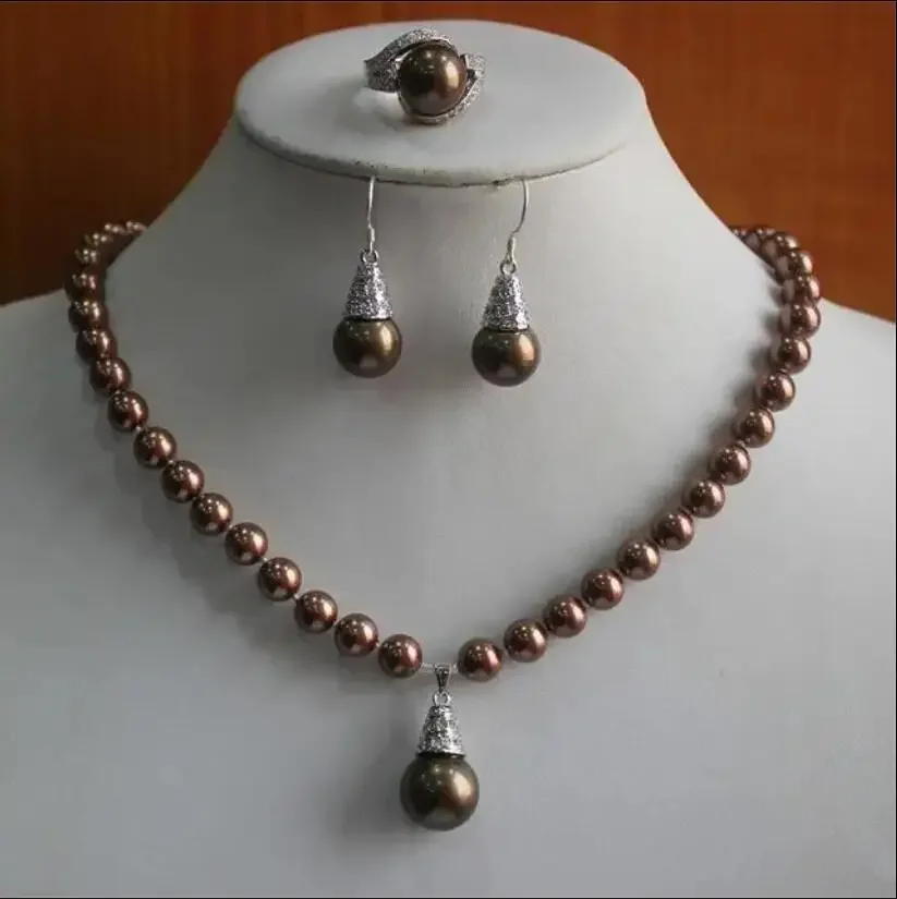 

Fashion design 8mm coffee color pearl + coffee color water drop metal silver plated pendant set (necklace, earring, ring)
