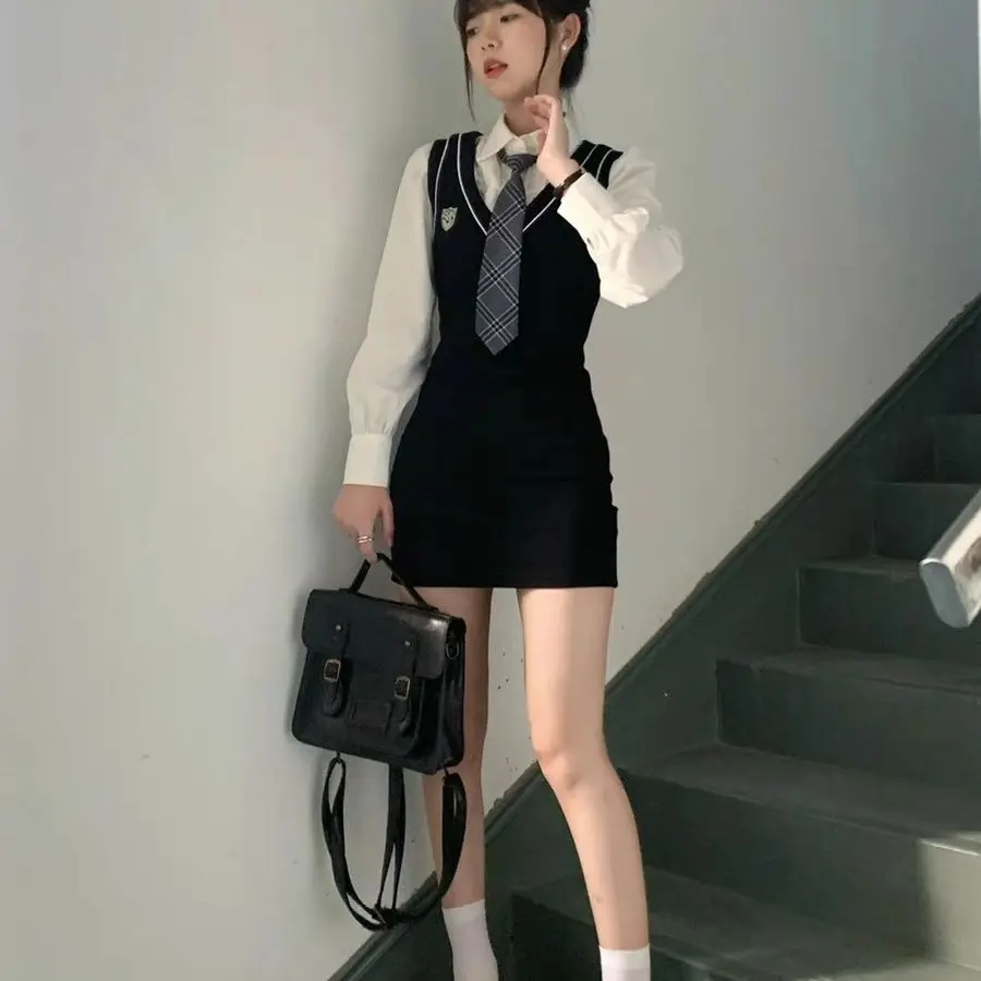 Two New Two-piece Dress Women Casual Long Sleeve Blouse + Slim College Y2k Sweet Spicy Fashion Elegant Polo Collar Dress