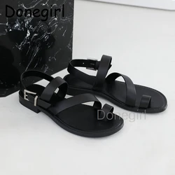 Donegirl Sandals Women Genuine Leather Wraparound Ankle Strap Buckle Female Outdoor Summer Flat Shoes Handmade Beach Shoes