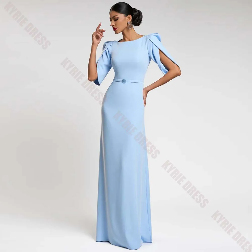 Vestidos de Noche Formales Personalizados, Cuello Barco, Mangas Medias, Corte en A, Drapeados, Sencillos, para Invitadas de Boda, Largos Hasta el Suelo, para Fiesta de Graduación