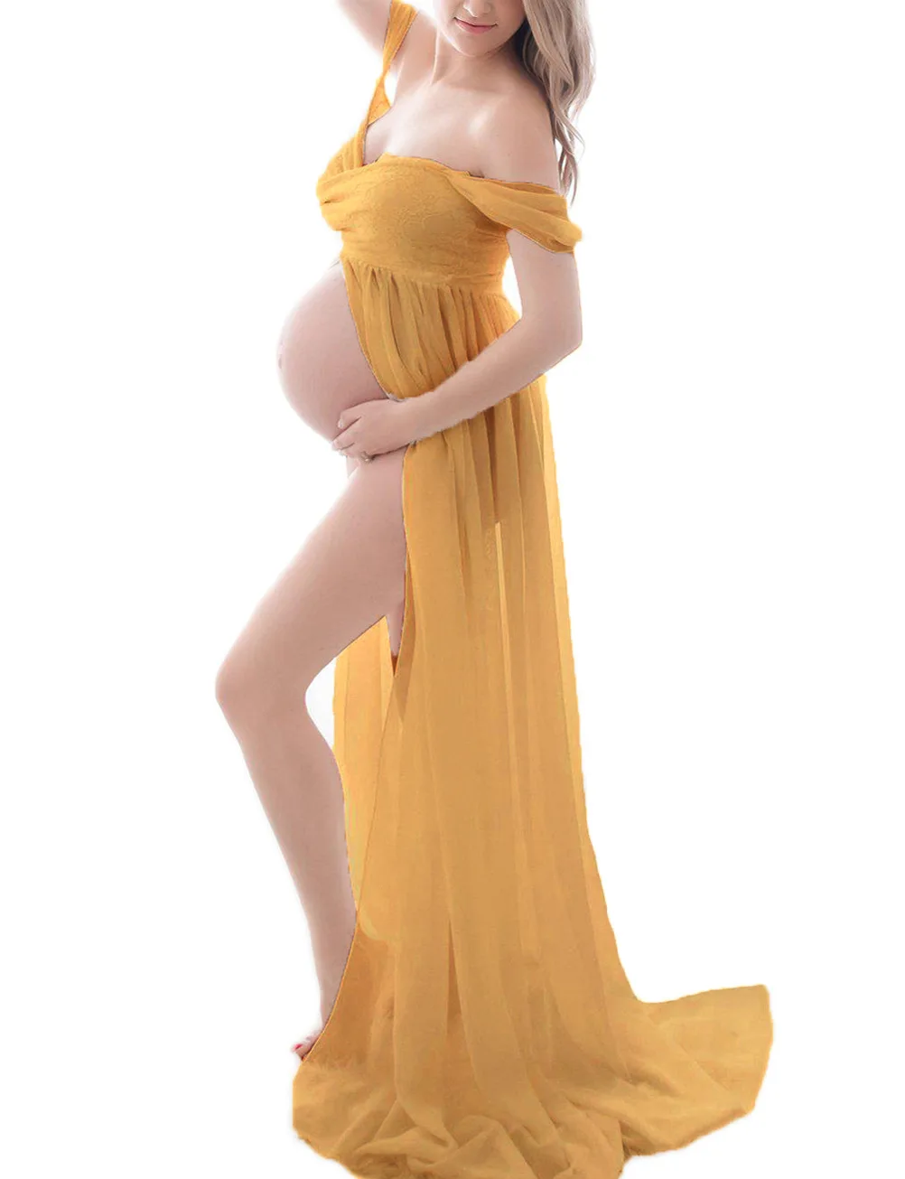 Women Pregnancy Fashion Solid Color Long Dress Summer Maternity Dresses for Photo Shoot Photography Props